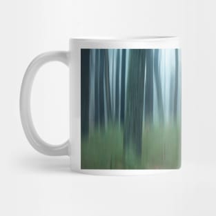 Blurred abstract trees in forest on foggy morning Mug